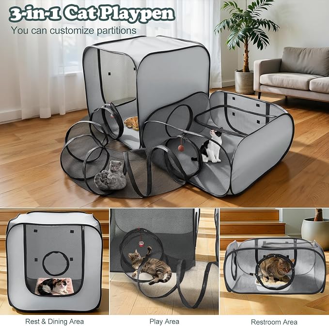 Cat Playpen, 3-in-1 Pop-up Outdoor Cat Enclosure, Gray | 2 Rooms & Tunnel, Breathable Mesh, Carry Bag, Interactive Toys, Multi-Entry Doors, Indoor & Outdoor Use for small pets - Image 2