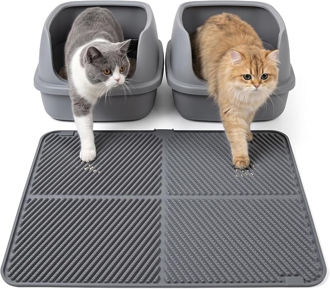 Silicone Cat Litter Mat, 30'' × 23'' Large Waterproof Cat Pad for Litter Box, Easy-Clean Trapping Surface with Raised Edge, Gentle on Paws, Gray by Cyberpaws