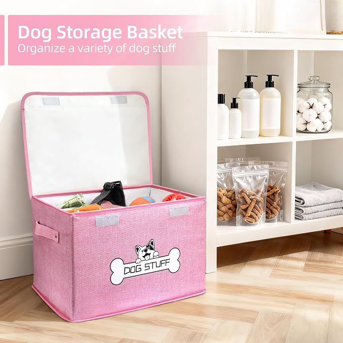Dog Toy Basket with Lid, Collapsible Box for Pet Accessories | Storage Bin for Living Room, Fabric Container with Handle, Organizer for Small Medium dogs, Pink - Image 7
