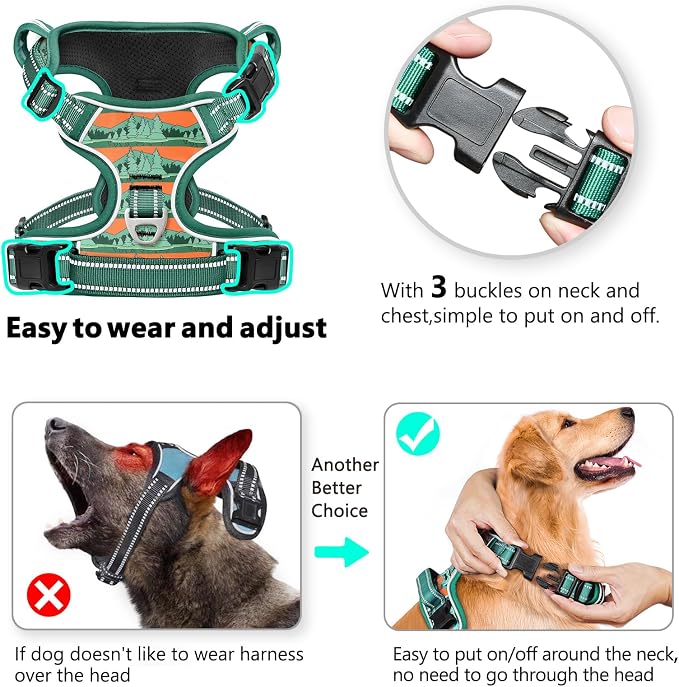 Timos Dog Harness Medium Sized, Quick Release 3 Buckles, Wilderness, M | Reflective No Pull No Choke, Easy On & Off, Adjustable Soft Padded, Front & Back 2 Clips and Control Handle for Walking - Image 2
