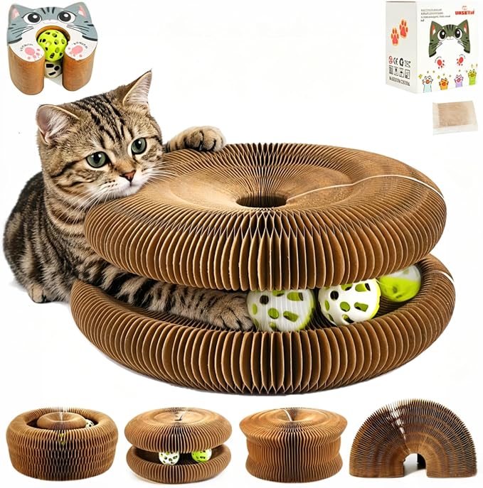Kitty Kurls Magic Organ Cardboard Cat Scratcher Toy with 2 Balls, Brown | Upgraded-Magnetic, Mental & Physical Exercise, Multi-Shape Flip, Interactive Cardboard Cat Toy for Indoor Kitten/Cats,M, 1PCS by URSKTM