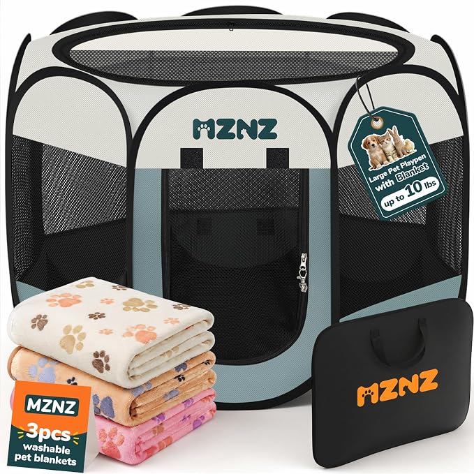 Dog Cat Small Animal Puppy Playpen Crate with 3 Blankets, Small, Grey | Portable Pop Up Pet Cage Enclosure Tent Kennel Indoor Outdoor with Carrying Case, No Assembly, Camping Use by MZNZ