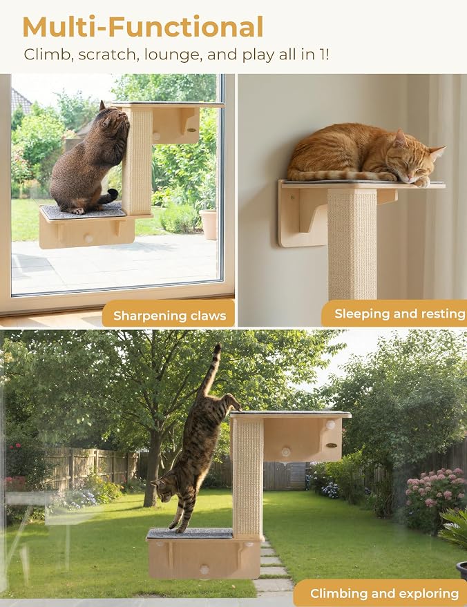 Pecute Double Cat Shelves with Scratching Post for Wall & Window | Solid Wood Frame, Strong Suction Cups, Washable Cover Mat, Cats Perch Bed for Birds Watching Inside, Indoor Cat Hammock Bed - Image 5