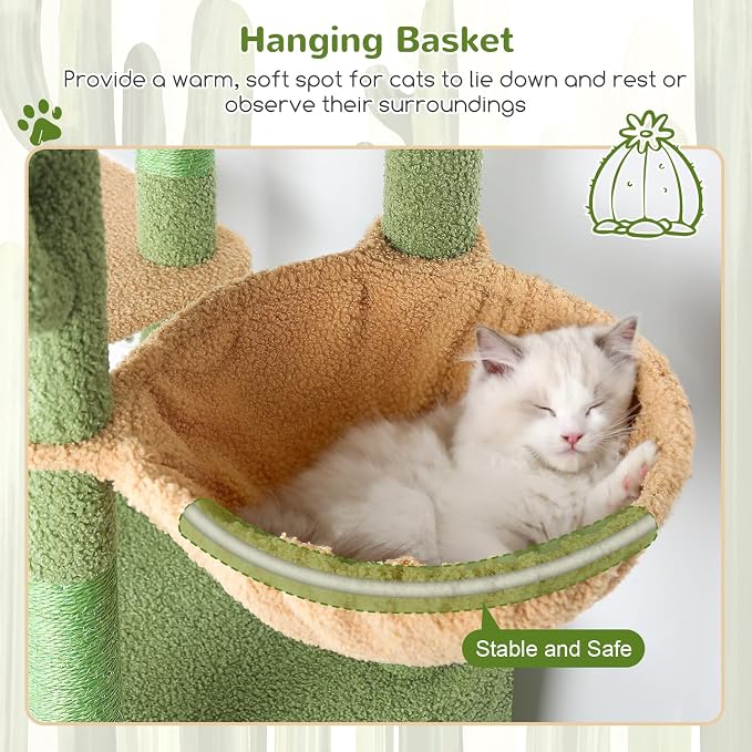 Globlazer Heavy Duty Cactus Cat Trees for Big Cats Maine Coon, F61, Green | Cat Tower for Indoor Large Adult Cats with Scratching Post, Extra Large Top Perch, Cat Condos, 61inch - Image 4