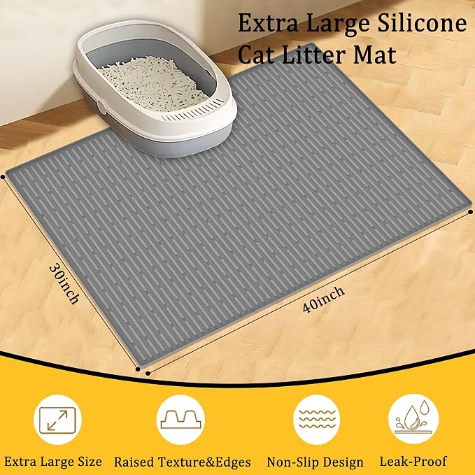 40"x30"(100cmx75cm) Extra Large Silicone Cat Litter Mat, XXL Litter Trapping Mat for Under Litter Box, Non-Slip Waterproof Kitty Litter Catcher, Easy to Clean Mat for Cats, Dark Gray - Image 2