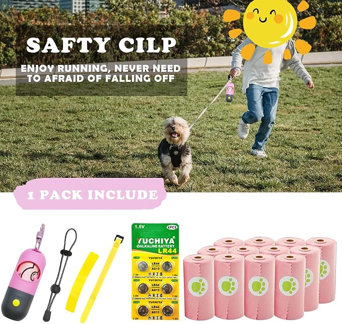 Dog Poop Bags Holder with LED Flashlight|Pet Waste Bags Dispenser for Leash|Doggie Potty Bags Container with Leak-proof Pet Trash Bags and Accessories (1 Holder 195 Bags, Pink) - Image 6