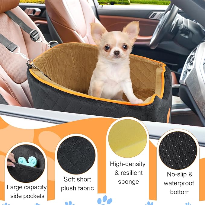 XIEEAOZEE Dog Car Seat for Small/Medium Dogs & Cats Under 35 lbs | Memory Foam Booster Dog Seat, Travel Safety Pet Car Seat with Washable Removable Cover, Storage Pockets (Black/Brown) - Image 6