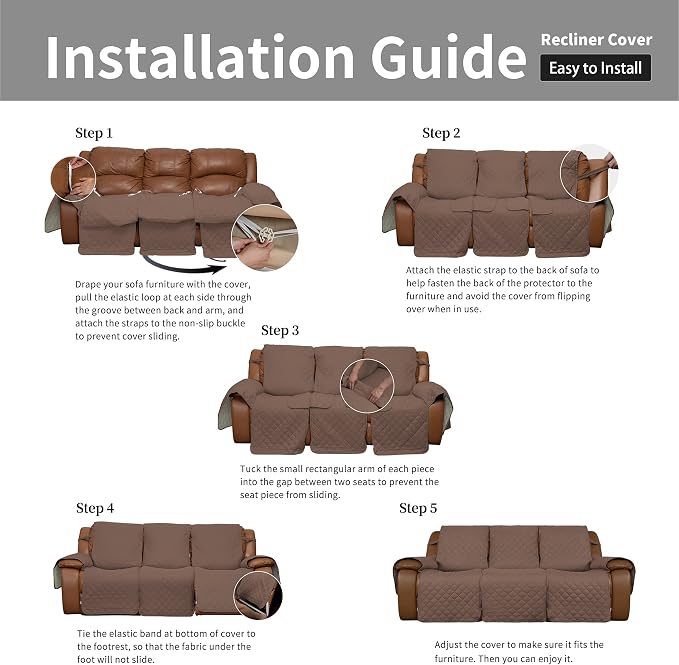 Easy-Going Recliner Sofa Cover, Reversible Couch Cover for 3 Seat Recliner, Split Sofa Cover for Each Seat, Furniture Protector with Elastic Straps for Kids, Dogs, Pets(3 Seater, Brown/Beige) | Washable Sofa Slipcover For Dogs, Sofa Cover For Recliner,... - Image 7