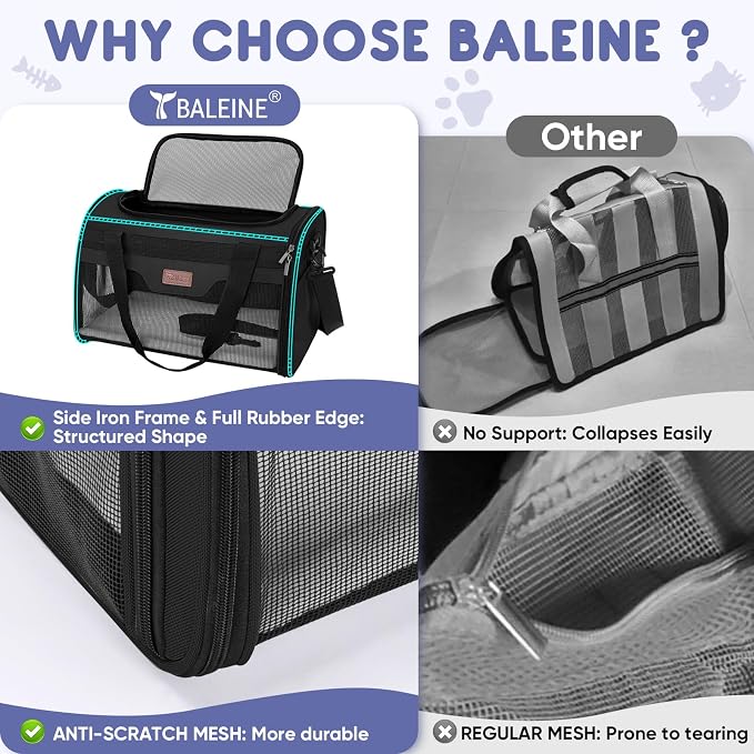 BALEINE Cat Carrier, Puppy Dog Carrier for Small Medium Pets Up to 15 Lbs, Soft-Sided Dog Travel Bag with Safety Zippers, Collapsible Pet Carrying Case (Black, L, 17"x11"x11") - Image 7