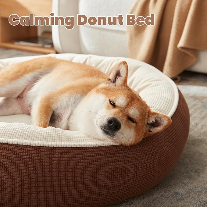 33 in Soft Touch Fleece Donut Dog Bed for Medium Plus Dogs,Coffee | Calming Round Pet Bed with Removable Washable Cover, Fits up to 65 lbs - Image 2