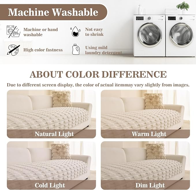 MYSKY HOME Couch Cover for Dogs, Plush Soft Sofa Cover Washable, Fuzzy Couch Covers for 3 Cushion Sofa Pet Friendly, Waterproof Non-Slip Sofa Slipcover Furniture Protector, Oatmeal, 35" x 83" - Image 9