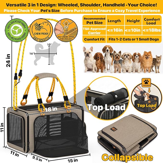 PAWZIDEA Expandable Pet Carrier for Small Cats & Dogs, TSA Airline Approved | 18"×11"×11" Soft-Sided Small Dog Travel Bag, Collapsible Top-Load Cat Carrier for 2 Cats Under Seat, Puppy Car Seat Up 15lbs - Image 2