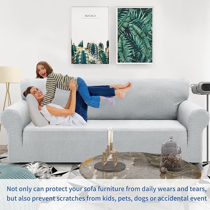 ZNSAYOTX 1 Piece Jacquard Couch Covers for 3 Cushion Couch Living Room High Stretch Sofa Cover Pets Dogs Friendly Anti Slip Thickened Slipcovers Furniture Protector (Large, New Pattern Silver Grey) - Image 2