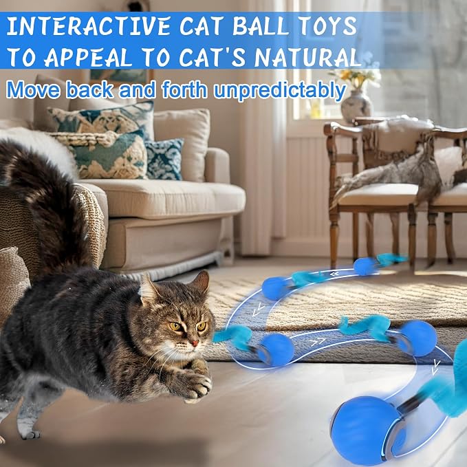 BABORUI 2Pack Blue Interactive Cat Toy Ball - Automatic Interactive Cat Toys for Indoor Cats with 3 Tails, 2 Speeds Rechargeable Enrichment for Small/Medium/Large to Keep Them Busy - Image 2