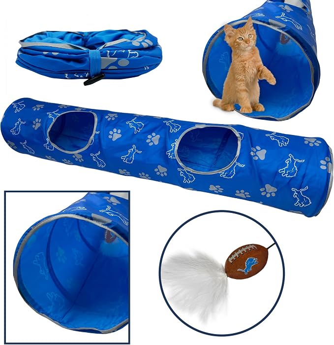 NFL Detroit Lions Cat Tunnel Tube Toy with Plush Football Catnip and Feathers Collapsible Tunnel for Cats to Play, Peek and Hide, Sporty & Fun Cat Tunnel Toy with Team Logo All-Over Design! - Image 2