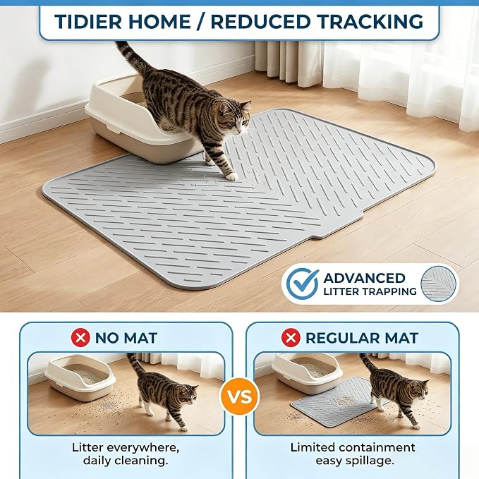 Extra Large Cat Litter Mat 35.5x26.7in Waterproof Silicone Litter Box Mat | Large coverage catches scattered litter, keeps floors clean, soft paw-friendly surface and quick cleanup for daily use - Image 2