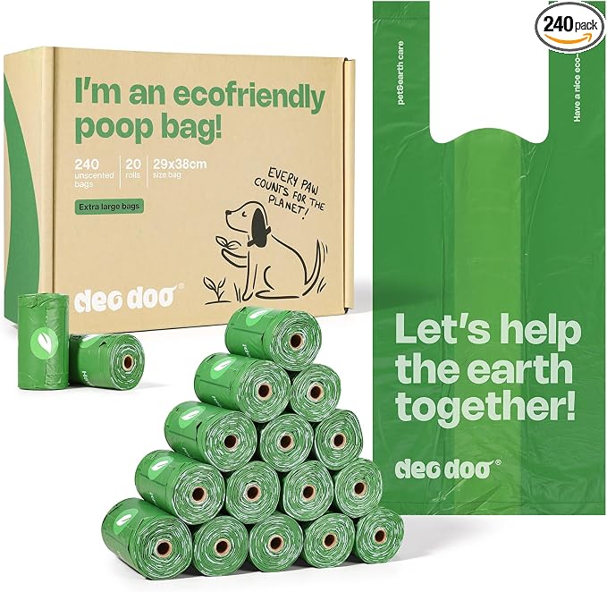 Deo Doo Dog Poop Bags with Handles, 240 Count Large Size, Extra Thick and Leak Proof Refill Rolls for Doggie Waste, Easy Tie and Cleanup, Unscented by DeoDoo
