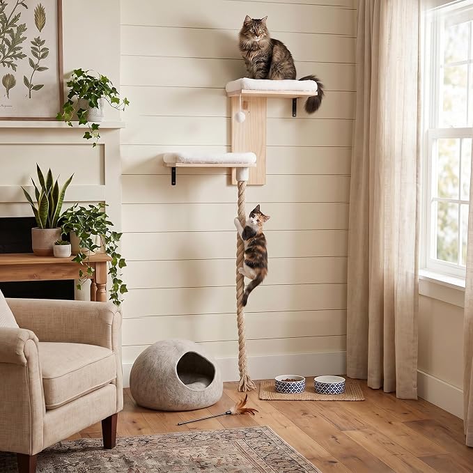 Cat Wall Shelves, 2 Beds with 4.92 ft Cat Scratching Post Rope | Tree Shape Cat Wall Furniture Set, Kitten Floating Shelf with Soft Cushion Perch, Solid Wood Cat Perch for Climb, Play, Nap - Image 2