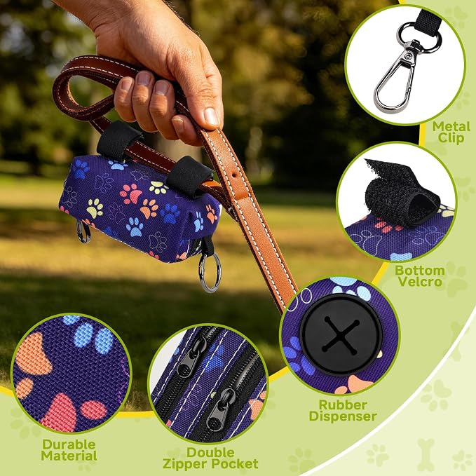 Dog Poop Bag Holder for Leashes 2 Zipper Pockets Black 1 Pack | Lightweight, Pet Waste Bag Dispenser, Treat Pouch, Clip-On, Paw Print - Image 2