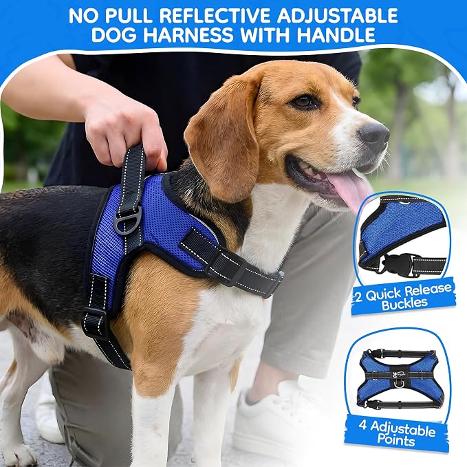 No Pull Reflective Adjustable Dog Harness With Handle- Comfortable Soft All Weather Mesh, Easy On Puppy Harness For Small Medium and Large Dogs (Blue) Medium - Image 2
