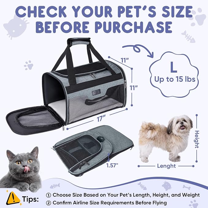 BALEINE Cat Carrier, Puppy Dog Carrier for Small Medium Pets Up to 15 Lbs, Soft-Sided Dog Travel Bag with Safety Zippers, Collapsible Pet Carrying Case (Gray, L, 17"x11"x11") - Image 4