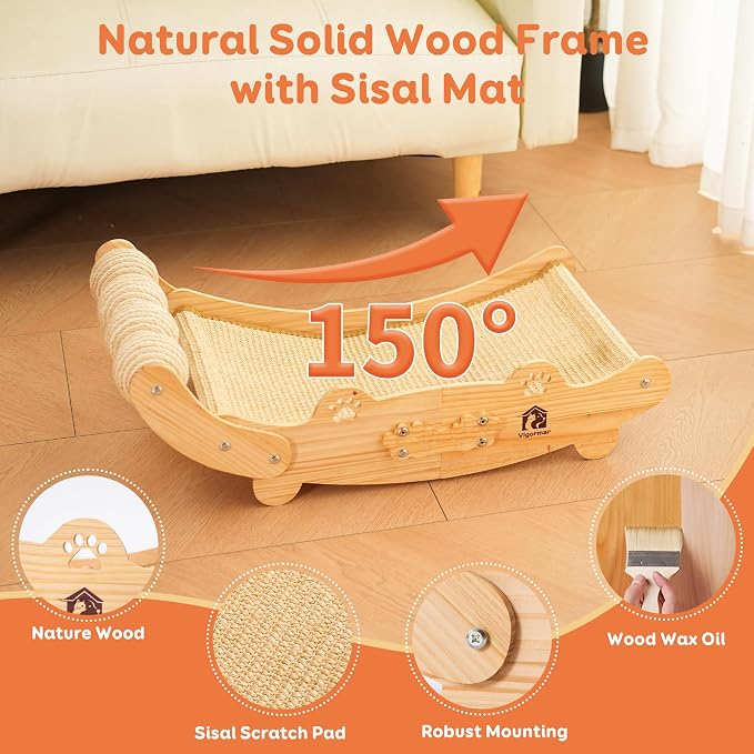 Large Sisal Cat Scratch Pad, Nartural Soild Wood Cat Scratcher Bed with Sisal Scratching Felt and 4 Balls for Indoor Cats Scratch & Lounger & Sleep (Large Size, Nature Wood) - Image 4