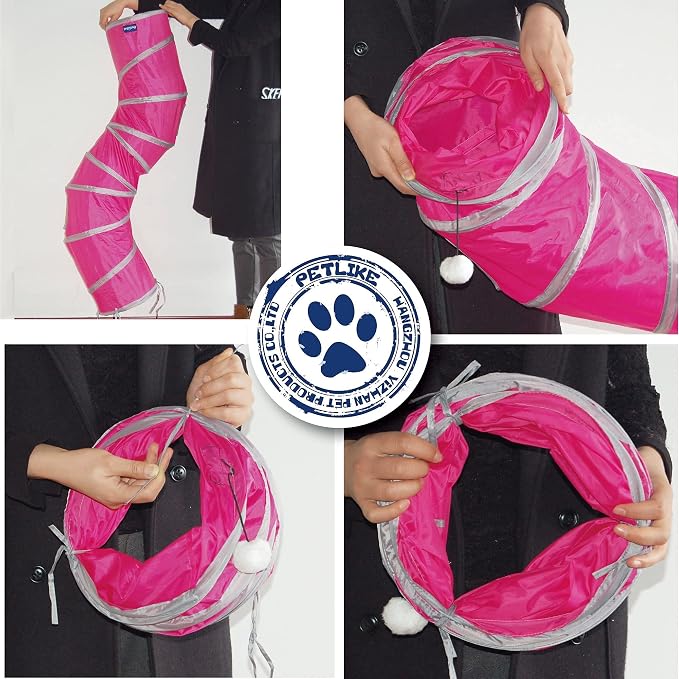 PetLike S Way Cat Tunnel Collapsible Pop-up Pet Tube Hideaway Play Toy with Ball (S-Way, Rose Red) - Image 5