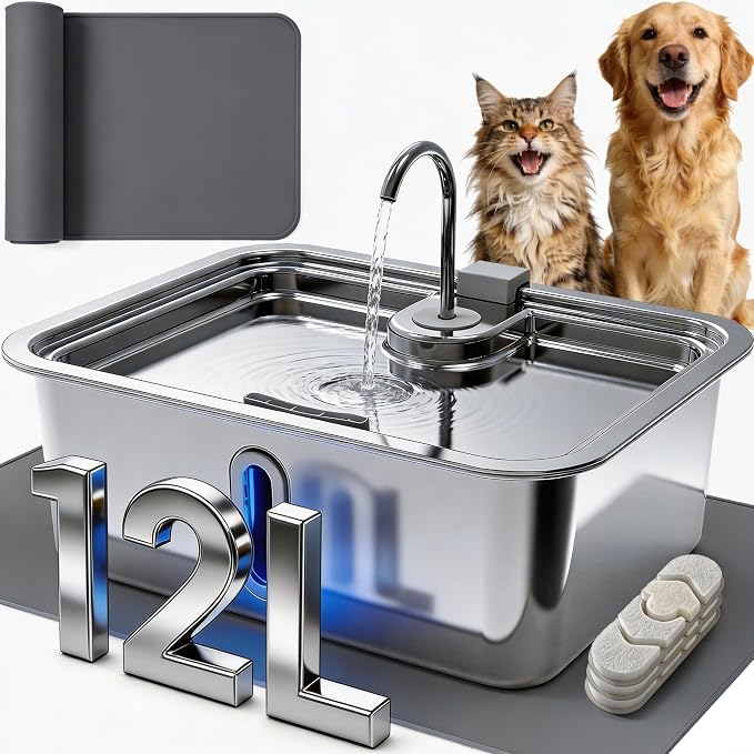 3.17Gal/12L Dog Water Fountain with Silicone Mat & 3 Filters for Dogs Cats | Stainless Steel Multi Pet Water Dispenser, Quiet Automatic Dog Water Bowl Dispenser with Visible Window & Alert Light by DeftPet