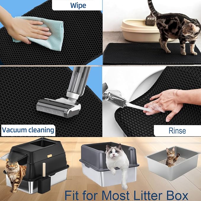 Ultra-Soft Cat Litter Mat 23.4"x14.7" Urine-Proof Non-Slip Black | Catches various litter, 3D large-pore, side-opening pour-out, easy clean, soft & durable, BPA-free, small litter mat - Image 4