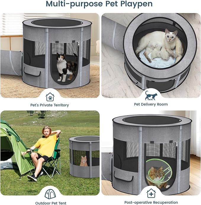 Portable Cat Playpen with Tunnel, 3 in 1 Foldable Puppy Play Pen, Waterproof Bottom, Enclosed 2-Room Separable Pet Tent for Indoor/Outdoor, Multi-Purpose Enclosure Crate Cage for Kitten Dog Rabbit - Image 5