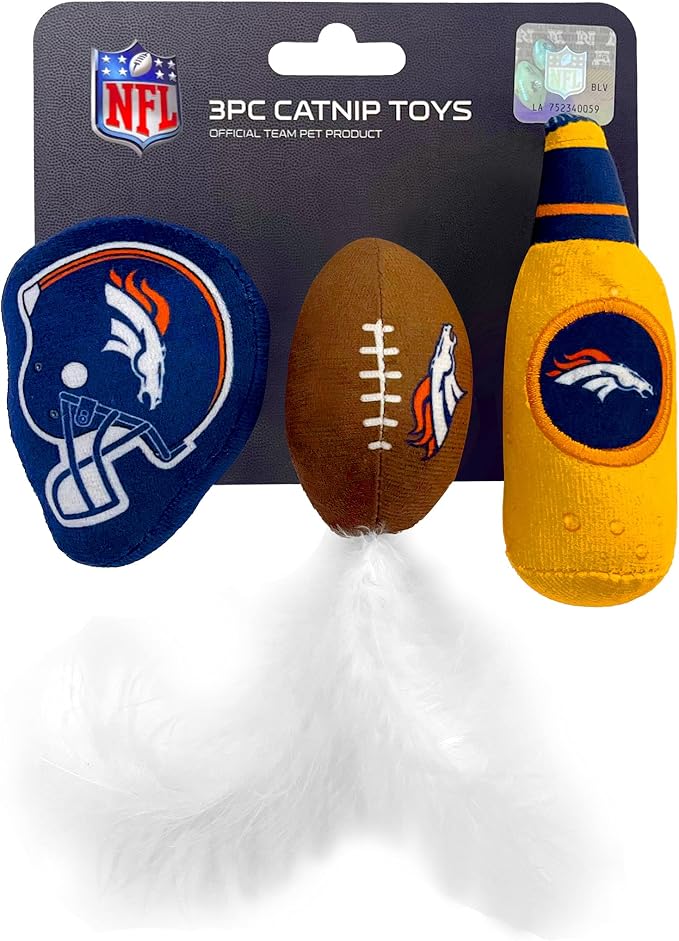 Best Plush CAT Toy - NFL Denver Broncos Complete Set of 3 piece Cat Toys Filled with Fresh Catnip. Includes: 1 Helmet Cat Toy, 1 Football Cat Toy with Feathers & 1 Beer Bottle. Beautiful Team Logos - Image 7