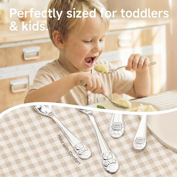 KINGSTONE 2 Pcs Kids Silverware with Case, Stainless Steel, Honey Bear | Large 18/10 Stainless Steel Fork & Spoon, Ergonomic, Lightweight, Self-Feeding Children Flatware for Travel & Home - Image 4