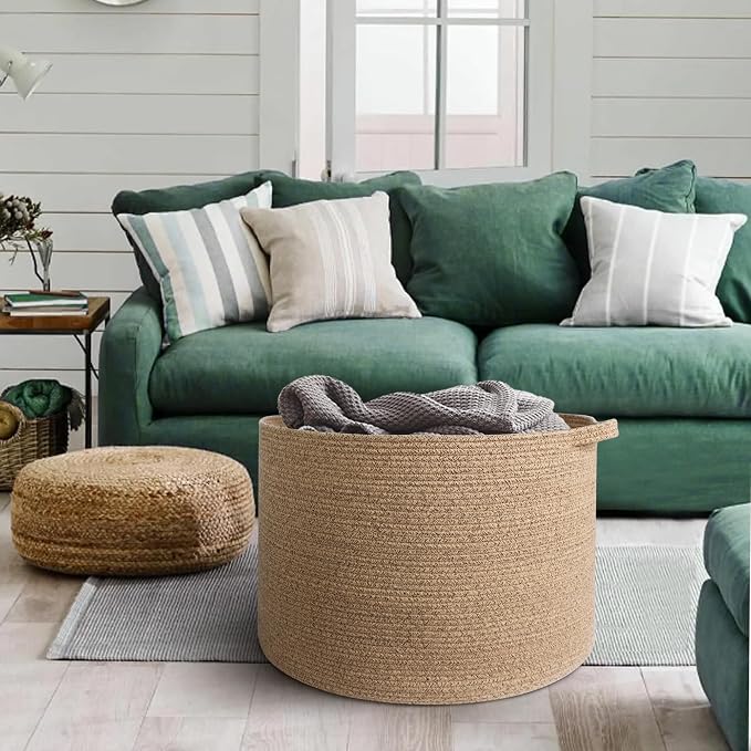 MEGASKET Extra Large Storage Basket, 22”x14” Woven Cotton Rope Basket, Big Kids Dog Floor Toy Bin, XXL Blanket Pillow Holder for Living Room Bedroom, Brown Variegated Round Baskets for Organizing - Image 4