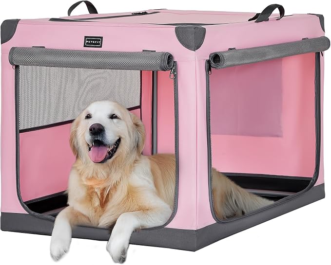 PETSFIT 40" Soft Portable Dog Crate – Patented Spiral Sturdy Frame, Collapsible Travel Kennel for Large Dogs, 3 Mesh Door, Lockable Zippers, Indoor & Car Use Pink by Petsfit