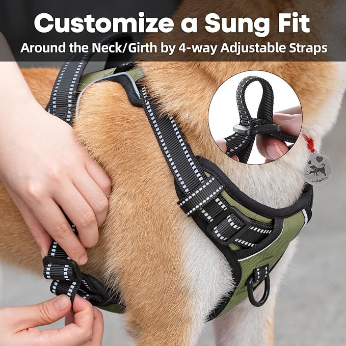 PoyPet No Pull Dog Harness Large, Reflective Vest with Front Clip & Handle | Easy On/Off, No Choke, Adjustable, 2 Leash D-rings, Soft Padded, Breathable, Oxford, for Walking Training, L, Military Green - Image 5