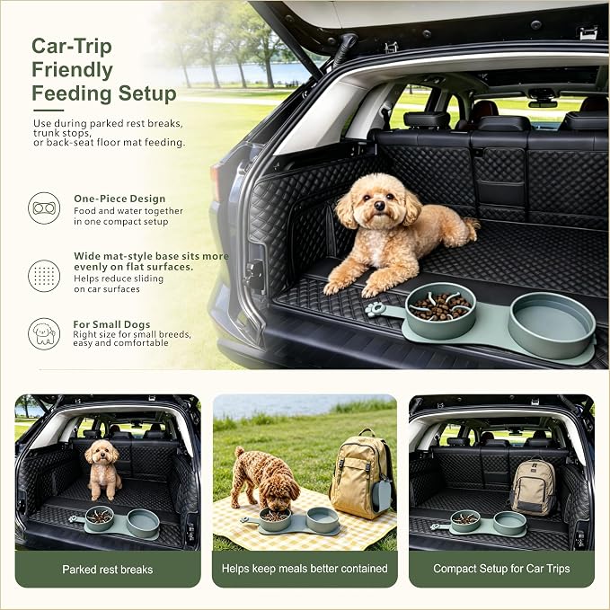 Portable Collapsible Travel Double Bowl for Small Dogs Up to 10 lb | Silicone bowl with a slow feeder side and carabiner. Unique design avoids onsite cleanup. Pour out water, close it and go - Image 5