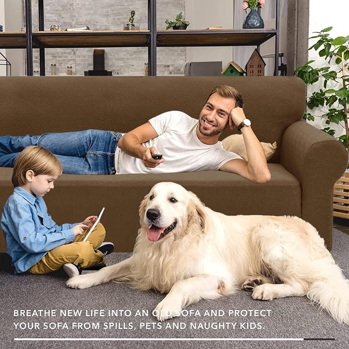XINEAGE Stretch Jacquard XL Sofa Cover, Non Slip Sofa Slipcover for Dog | High-Stretch Fabric. Wear-Resistant, Pet Friendly. Easy Install & Washable for Living Rooms, Offices.Brown - Image 4