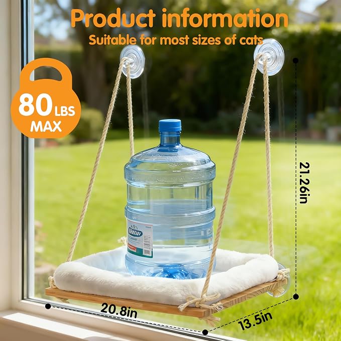 Large Cat Window Perch Hammock, Solid Wood Seat & Plush Cushion | 4 heavy-duty suction cups, sturdy wooden perch for XL & large cats, comfortable indoor window cat bed & hammock - Image 2