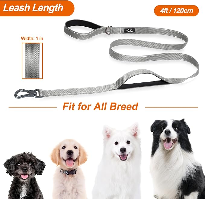 Twoear 5FT 1IN Heavy Duty Dog Leash for Large Dogs with 2 Padded Handles | Traffic Handle Extra Control, Auto Lock Hook, Strong Reflective Walking Leash for Night Safety, Medium and Large Breeds,Grey - Image 6