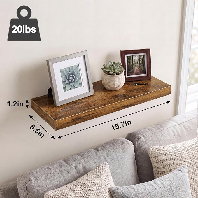 Fixwal Floating Wall Shelves for Decor (Rustic Brown, Set of 6, 15.7 Inch) | MDF Shelves with Metal Brackets, Space Saving for Books, Decor, Works in Bathroom, Kitchen, Living Room, Bedroom - Image 3