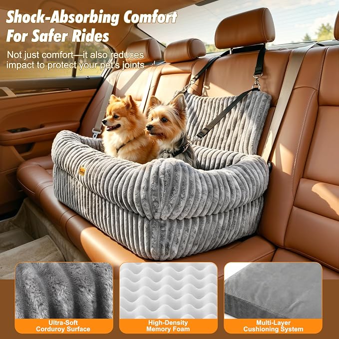 Pawaboo Dog Car Seat Bed, Memory Foam Booster for Medium/Large Dogs, Gray | Rear-seat pet travel bed with washable cover, safety leashes, thick cushion, and room for 2 small dogs - Image 3