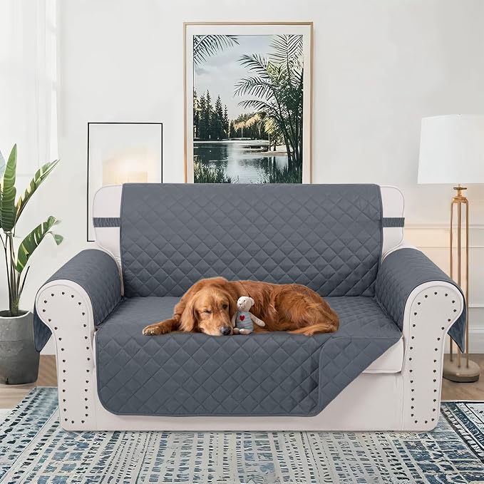 Reversible 45" Small Loveseat Sofa Covers, Dark Blue | Loveseat Covers for Dogs Water Repellent, Friendly Furniture Protector with Elastic Straps for Living Room - Image 2