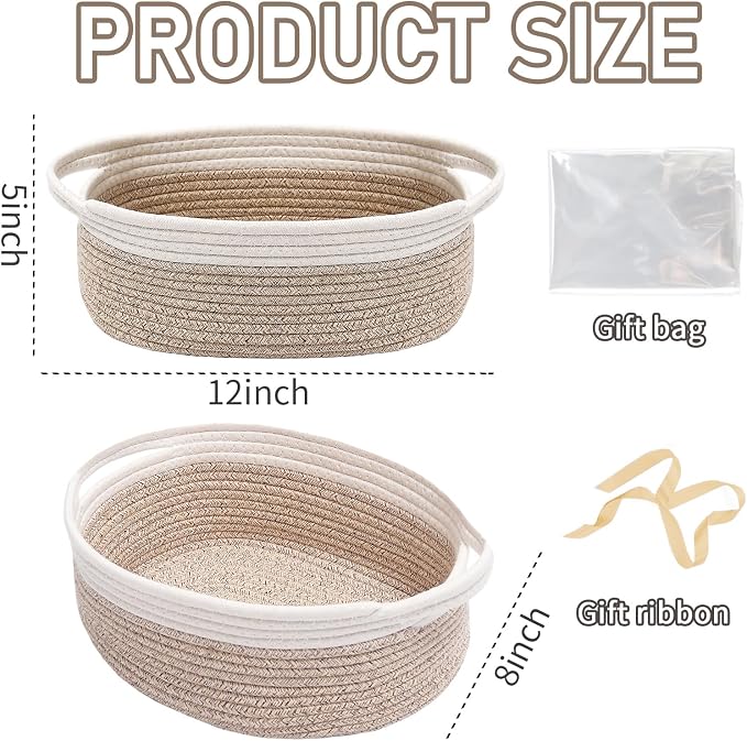 JMvicyroam Small Woven Basket, Empty Gift Basket, White&Oatmeal/3 Pack | Small Gift Basket, Cotton Rope, 12 x 8 x 74 in, Handles, Includes Ribbon and Bag, Birthday Gift Basket - Image 2