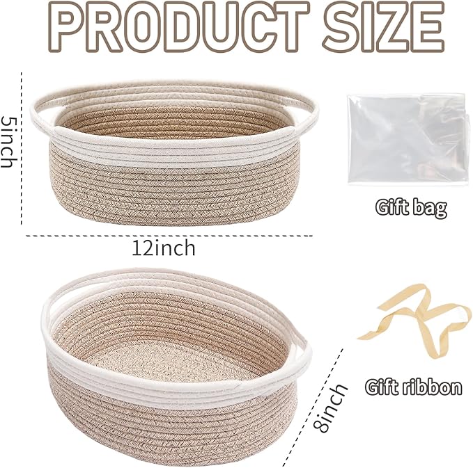 JMvicyroam Small Woven Basket, Empty Gift Basket, White&Oatmeal/2 Pack | Small Gift Basket, Cotton Rope, 12 x 8 x 73 in, Handles, Includes Ribbon and Bag, Birthday Gift Basket - Image 2