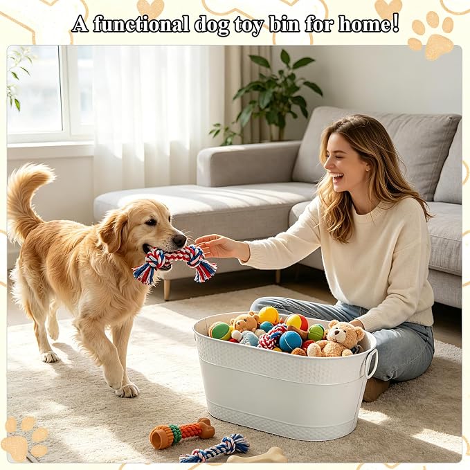 Indestructible Metal Dog Toy Bin, White Galvanized Storage Bin with Handles, Puppy Basket for Blankets, Leashes, Pet Toy Box for Living Room (25-Quart) - Image 7