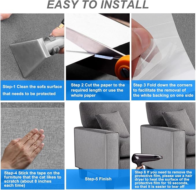 Cat Scratch Furniture Protector for Couch, Clear Cover from Cat Claws | Clear Self-Adhesive Furniture Protector Helps Stop Cat Scratching On Couches And Sofas With Easy, Clean Removal - Image 7