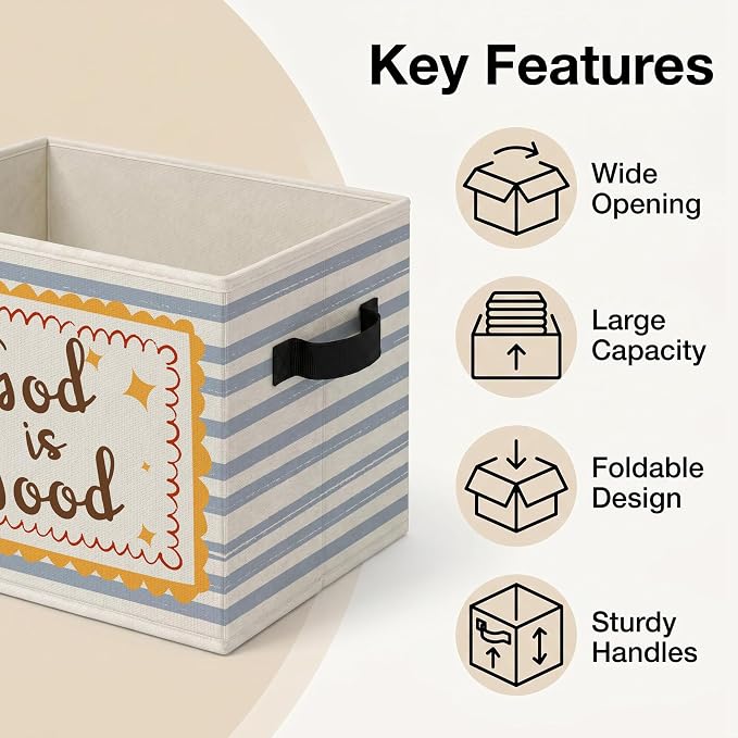 Christian Storage Bins Box, Sweet Faith Collapsible Organizer Basket | cheerful uplifting storage box basket for books clothes, light blue striped organizer for nursery bedroom playroom, 10x14 in - Image 4
