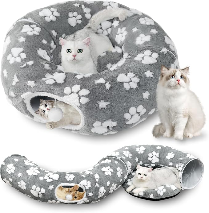 Cute Round Cat Tunnel for Indoor Cats, Grey | Peekaboo Cave with Dangling Balls, Pet Donut Tunnel Bed with Circle Mat for Puppy Kitten Rabbit by Yaning