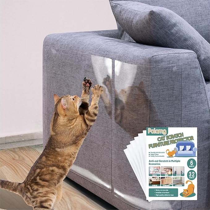 Anti-Cat Scratch Furniture Protector-6-Pack –Single-Sided, Heavy-Duty Self-Adhesive Tape, No-Residue for Couch, Doors & Walls - with 32 Twist Pins by Polamg
