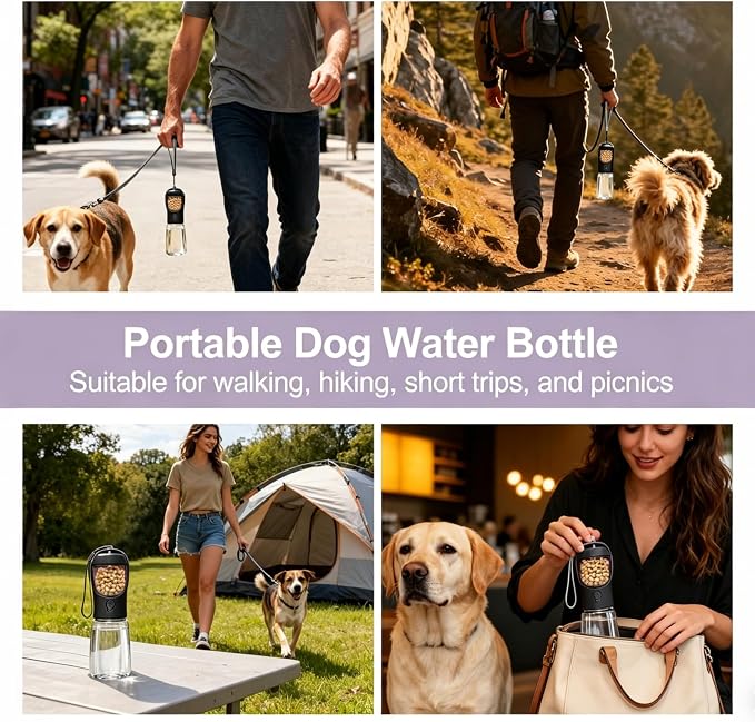 Portable Dog Water Bottle with Food Container, Drinking Bottle for Travel | 2 in 1 Dog Water Bowl, Leak Proof Pet Water Dispenser, BPA Free, Puppy Essentials, for Walking Hiking (Black,19oz) - Image 7